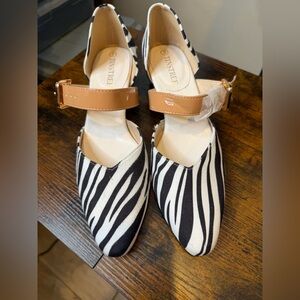 Tinstree pointed toe heels zebra print upper tan buckle strap Size 9